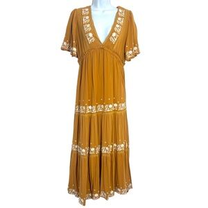 In Loom Mustard Embroidery Tiered Maxi Dress Size L Boho Prairie